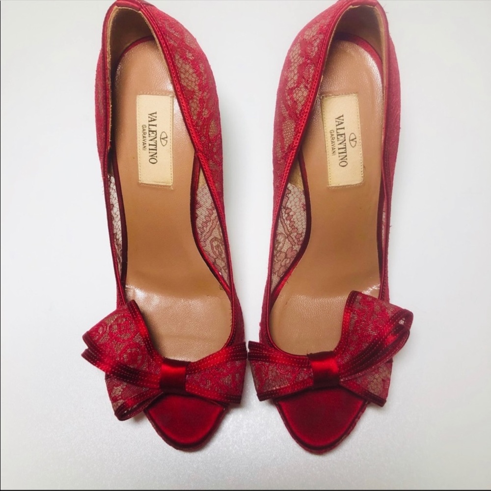 Valentino Red Couture Satin Lace Open Toe Bow Platform - Picture 4 of 5